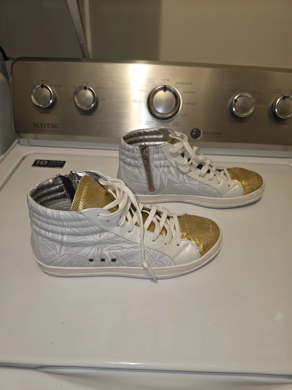 P448 White and Gold Palm High-Top Sneakers